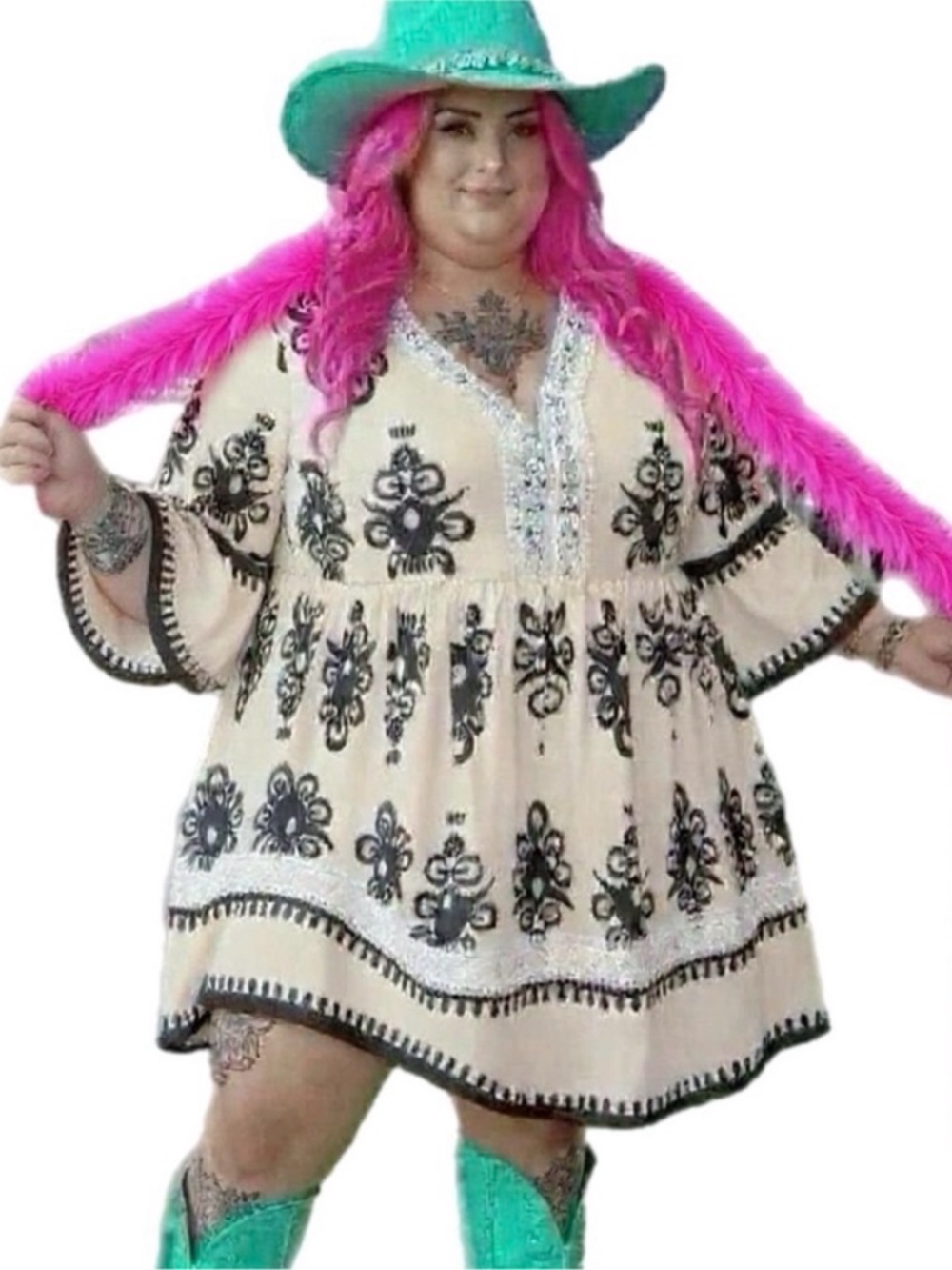 Betty Cream Boutique+ Faux Embroidered Cream: White Lace & Black Accents NWT 3X